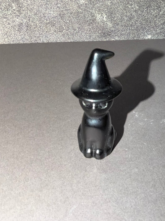 Black Obsidian Witch Cat Carving