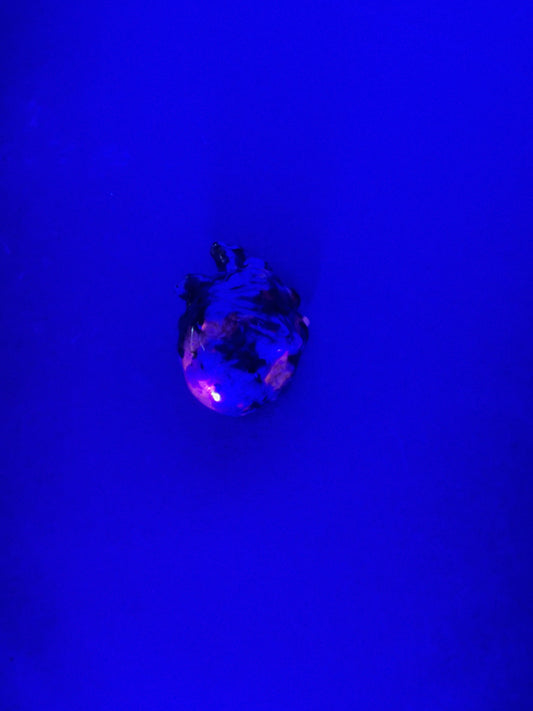 A small irregularly shaped anatomical heart stone with a dark, mottled surface that fluoresces magenta under UV light, set against a solid deep blue background.