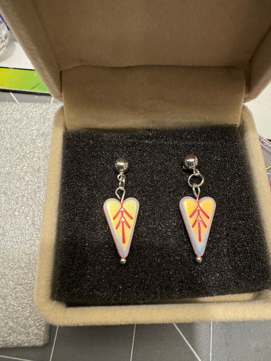 Handmade White and Red Long Heart Post Earrings Vintage Beads