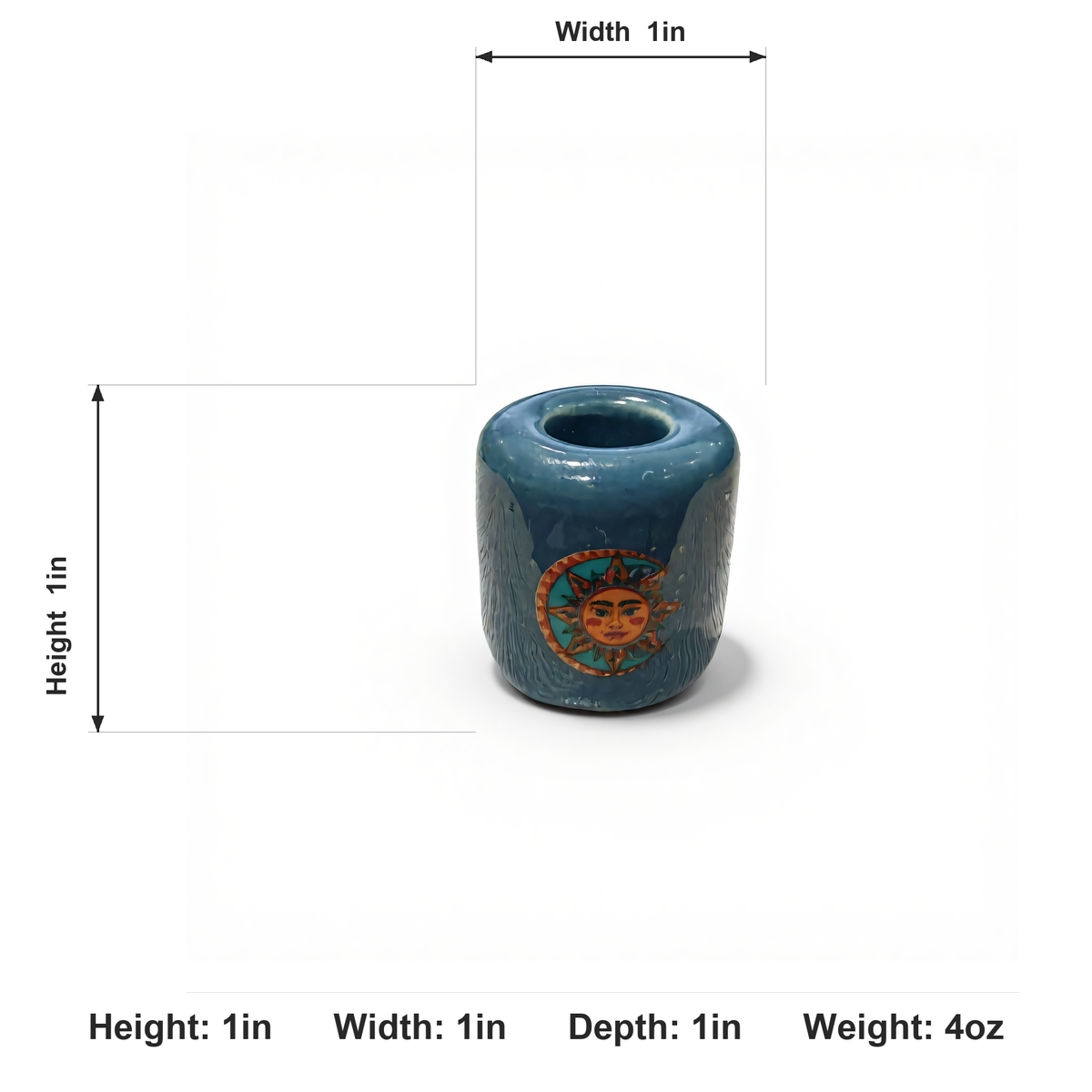 A small cylindrical blue decorative object with a sun face motif on the front, shown with dimension lines and text indicating height, width, depth, and weight on a white background.