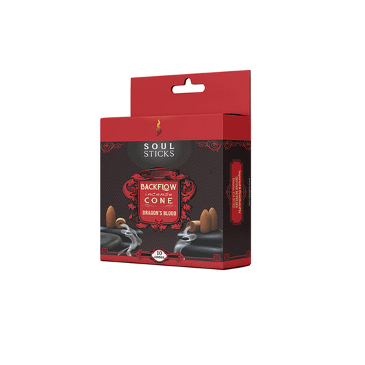 Soul Sticks incense sticks in a red and black cardboard box, labeled 'Backflow Incense Cone' and 'Dragon's Blood'.
