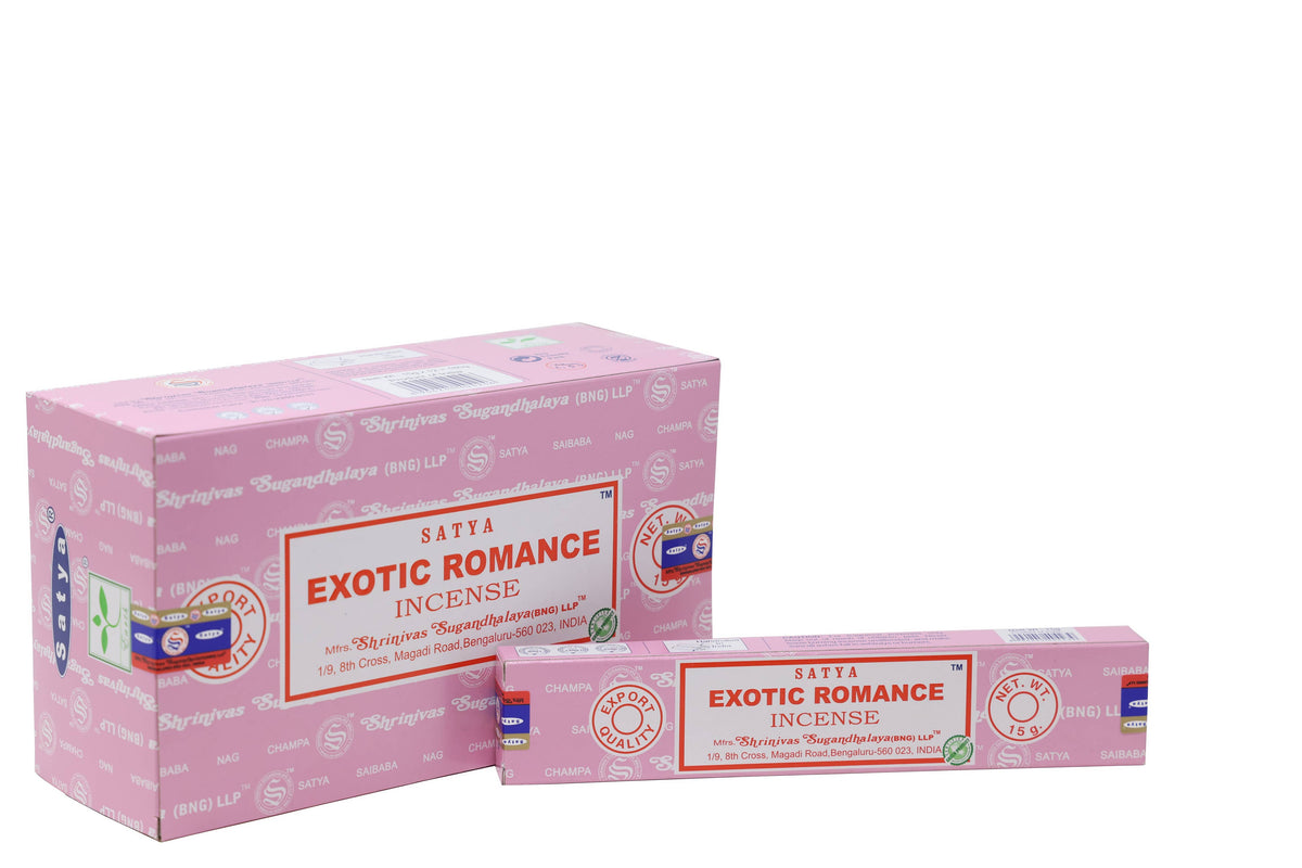 Pink boxes of Satya Exotic Romance incense on a white background