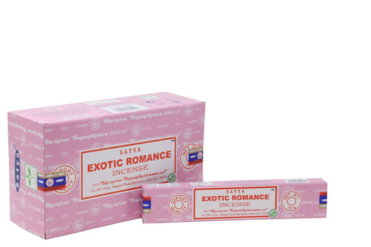 Pink boxes of Satya Exotic Romance incense on a white background