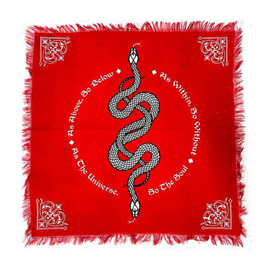 A square red fringed textile featuring a central black-and-white coiled snake, circular white text reading 'As Above So Below', 'As Within So Without', and 'As The Universe. So The Soul.