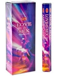 HEM Love & Sex Incense Sticks packaging, showing the main retail box and a single incense stick pack on a plain white background.