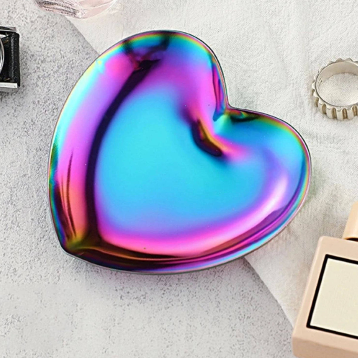 Iridescent Rainbow Heart Trinket Dish – 3.3 Inch Stainless Steel