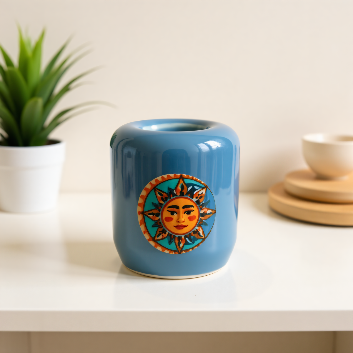 A glossy blue ceramic cup with a colorful sun face design on the front, sitting on a white shelf next to a potted plant and a small bowl.